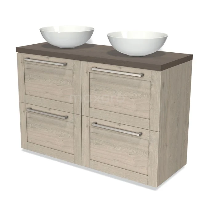 Holz Badezimmermöbel mit Eiche Druck, dunkle Platte und zwei weißen Aufsatzwaschbecken, modernes Design für stilvollen Badezimmerraum.