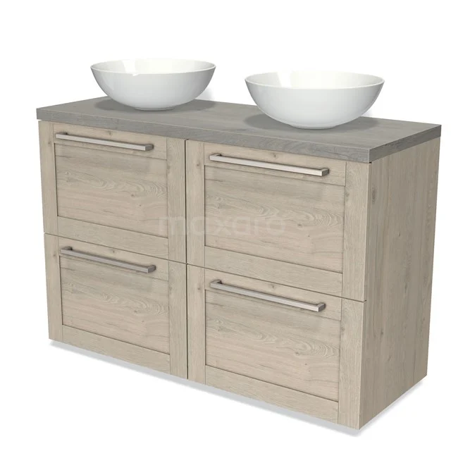Modulo Plato Vanity units for countertop basin | 120 cm Light grey oak Frame front Grey oak worktop 4 high drawers BMK14-00306 Wooden bathroom unit with two white countertop wash basins, grey worktop and four drawer fronts, ideal for a modern bathroom style.