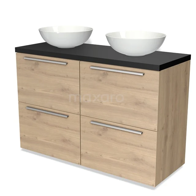 Badmöbel mit Doppelwaschtischplatte, Holzlook-Schrank, schwarzer Oberseite und zwei weißen Aufsatzwaschbecken, modernes Design.