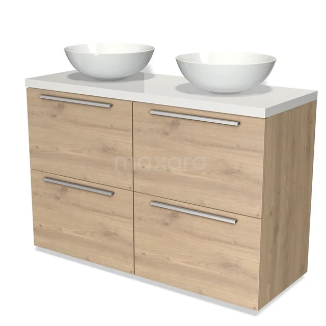 Badmöbel für Waschtischunterschrank mit Konsole 120cm Modulo Plato Hellbraune Eiche 4 hohe Schubladen Flach Hochglanz Weiß Platte BMK14-00311 Hölzernes Badezimmermöbel mit zwei weißen Aufsatzwaschbecken, vier Schubladen und chromfarbenen Griffen, ideal für eine moderne Badezimmergestaltung.