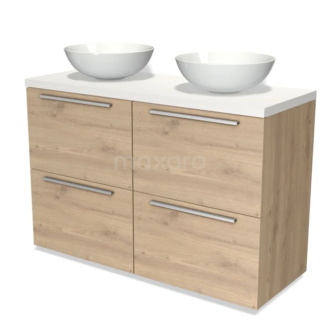 Eichen Badezimmermöbel mit vier Schubladen, weißer Doppel-Waschtischplatte und modernen Griffen für ein stilvolles Badezimmer.