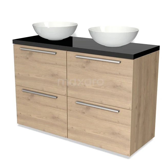 Modulo Plato Vanity units for countertop basin | 120 cm Light brown oak Flat front High-gloss black worktop 4 high drawers BMK14-00314