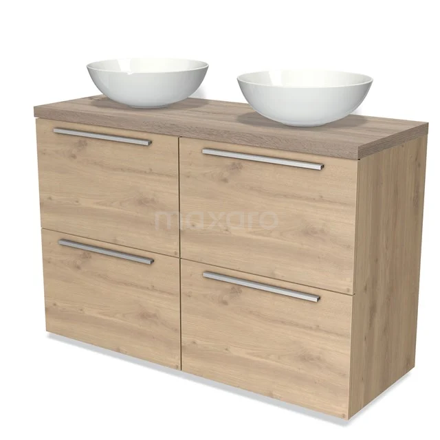 Holz-Badmöbel mit zwei weißen Aufsatzwaschbecken, vier Schubladen und metallenen Haltegriffen, ideal für einen modernen Badezimmerstil.