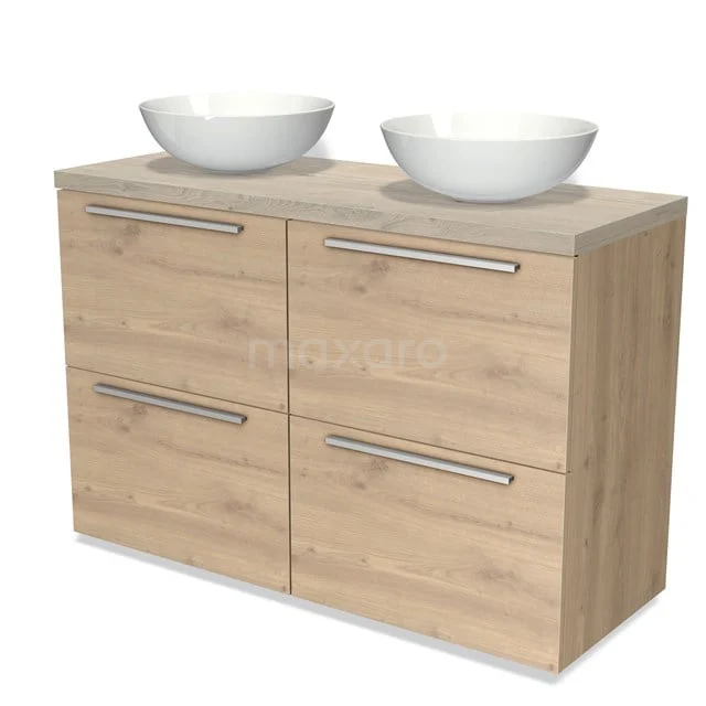 Holz Badezimmermöbel mit doppelten Aufsatzwaschbecken, moderne Ausstrahlung, Eiche Verarbeitung, ideal für ein stilvolles Badezimmer.