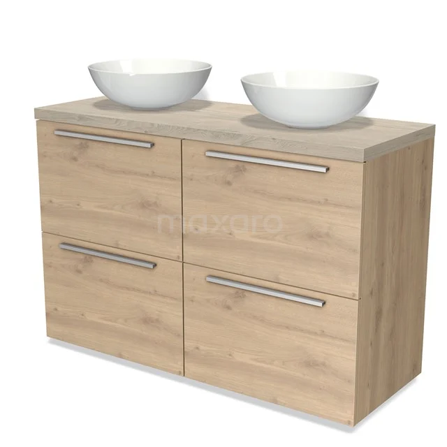 Holz Badezimmermöbel mit doppelten Aufsatzwaschbecken, moderne Ausstrahlung, Eiche Verarbeitung, ideal für ein stilvolles Badezimmer.