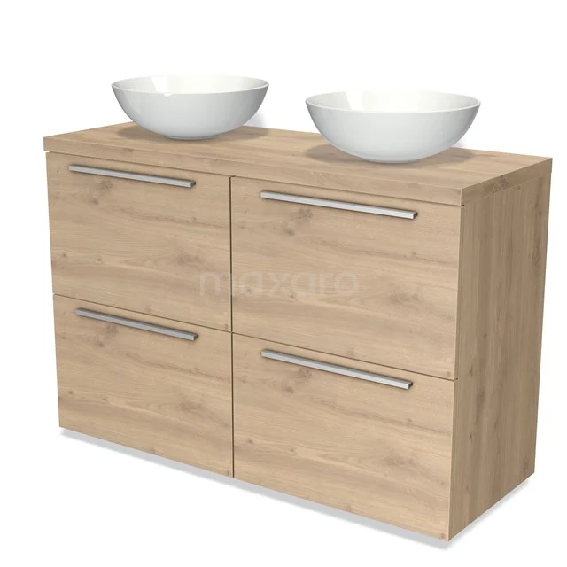 Hölzernes Badezimmermöbel mit zwei weißen Aufsatzwaschbecken, vier Schubladen und chromfarbenen Haltegriffen, ideal für einen modernen Stil.