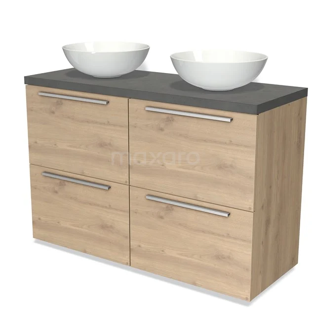 Modulo Plato Badmöbel mit Aufsatzwaschbecken | 120 cm Hellbraune Eiche Flach front Dunkelgrauer Beton blatt 4 hohe Schubladen BMK14-00322 Hölzernes Badezimmermöbel mit 4 Schubladen, schwarzer Platte und 2 weißen Aufsatzwaschbecken, moderne Ausstrahlung, ideal für Badezimmerlagerung.