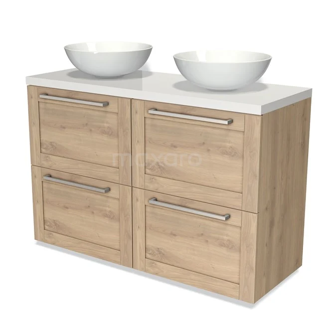 Holz Badezimmermöbel mit Naturholz-Optik, doppelten Schubladen und keramischen Aufsatzwaschbecken, perfekt für ein modernes Badezimmer.