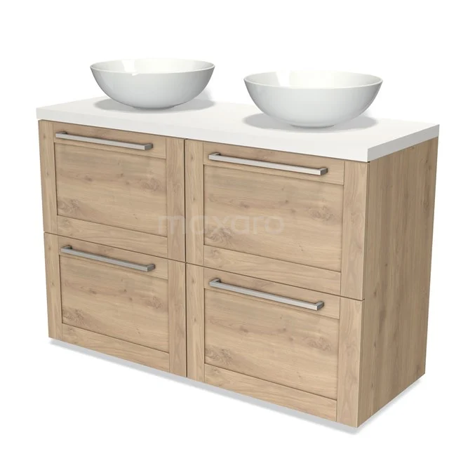 Holz Badezimmermöbel mit doppelten weißen Aufsatzwaschbecken, Soft-Close Schubladen und modernem Design. Perfekt für ein stilvolles Badezimmer.