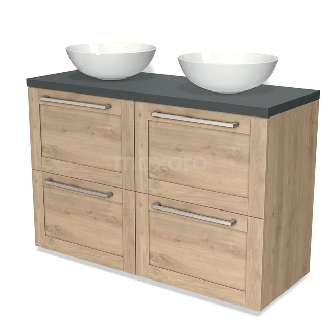 Wooden bathroom unit with 4 drawers, double white countertop wash basins and dark grey worktop; modern design for stylish bathrooms.