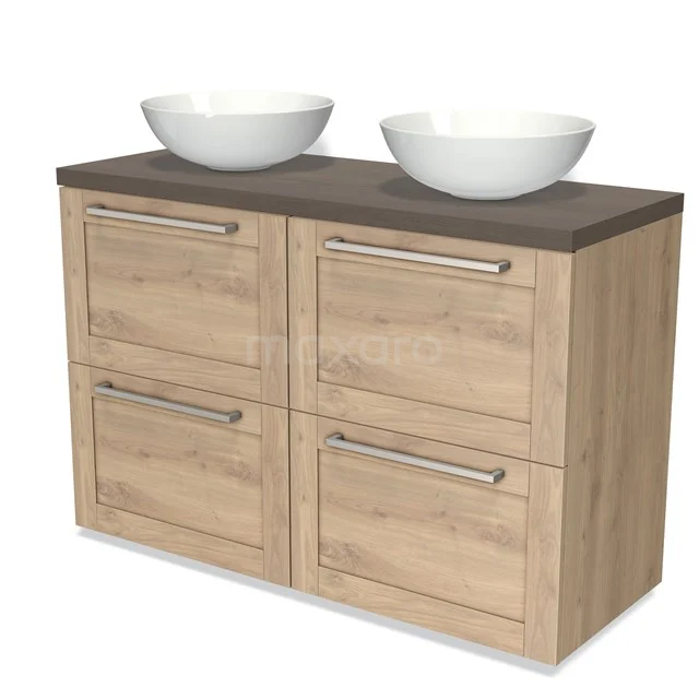 Wooden vanity units with double basin, light oak design, dark worktop and practical drawers for storage space.