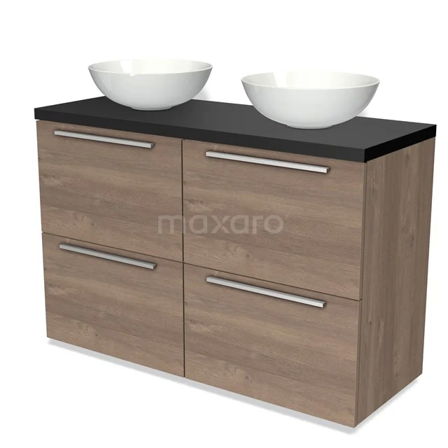 Badmöbel für Waschtischunterschrank mit Konsole 120cm Modulo Plato mittelbraune Eiche 4 hohe Schubladen Flach Matt Schwarz Platte BMK14-00337 Hölzernes Waschtischmöbel mit zwei weißen Schalen, schwarzer Platte und vier Schubladen, ideal für eine moderne Badezimmer Einrichtung.