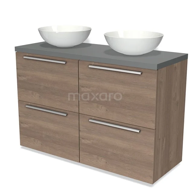 Modulo Plato Vanity units for countertop basin | 120 cm Mid brown oak Flat front Mid grey worktop 4 high drawers BMK14-00338