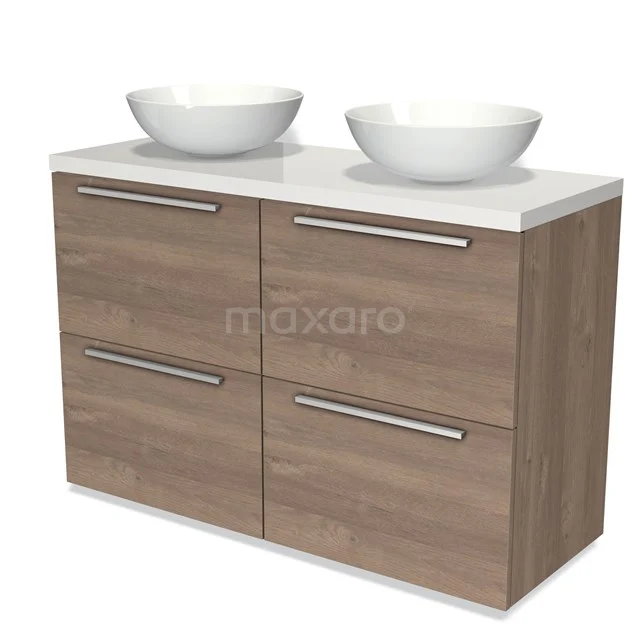 Hölzernes Badezimmermöbel mit doppelten Aufsatzwaschbecken, Metallgriffen und weißer Platte, ideal für modernes Badezimmerdesign.