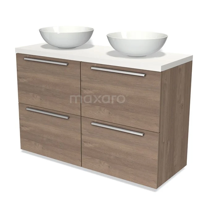 Modulo Plato Vanity units for countertop basin | 120 cm Mid brown oak Flat front Matte white worktop 4 high drawers BMK14-00340