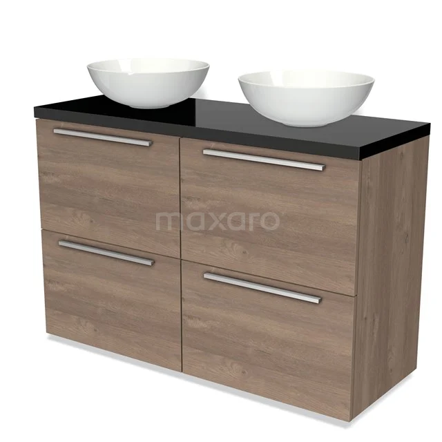 Modulo Plato Vanity units for countertop basin | 120 cm Mid brown oak Flat front High-gloss black worktop 4 high drawers BMK14-00342