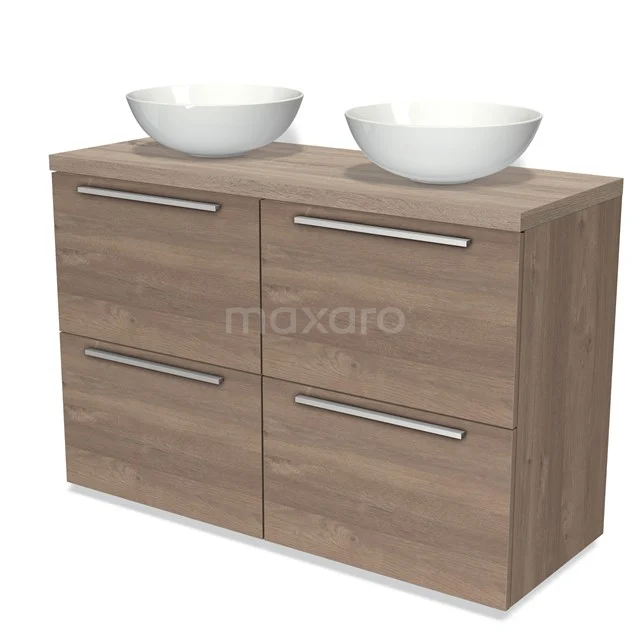 Holz Badezimmermöbel mit vier Schubladen und zwei weißen Aufsatzwaschbecken, modernes Design und perfekt für stilvolle Aufbewahrungslösungen.