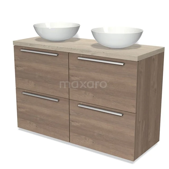 Badmöbel für Aufsatzwaschbecken 120cm Modulo Plato mittelbraune Eiche 4 hohe Schubladen Flach hellgraue Eiche Platte BMK14-00344 Holz-Badmöbel mit Doppel-Waschbeckenmodell und weißen Keramiken, modernes Design mit metallischen Haltegriffen.