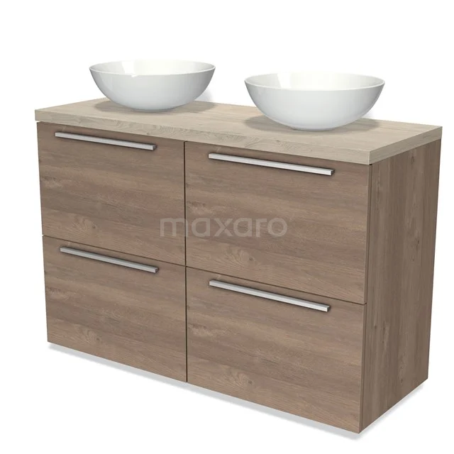 Holz-Badmöbel mit Doppel-Waschbeckenmodell und weißen Keramiken, modernes Design mit metallischen Haltegriffen.