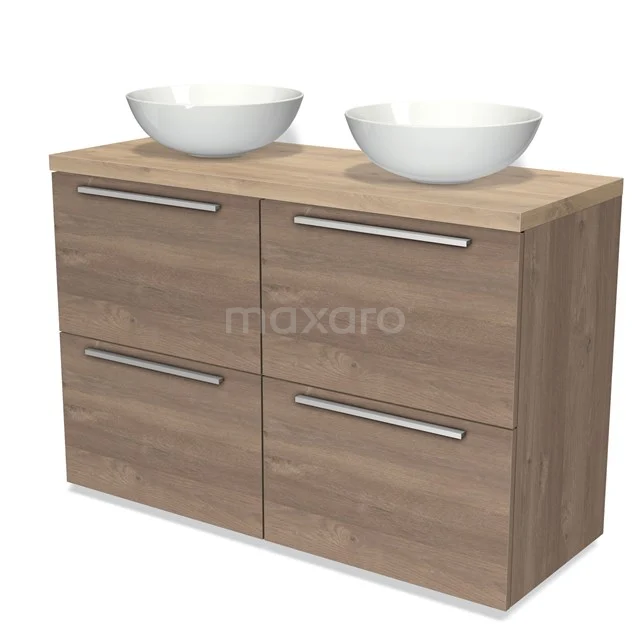 Hölzernes Badezimmermöbel mit zwei weißen Aufsatzwaschbecken, vier Schubladen und Edelstahl Haltegriffen, ideal für moderne Bäder.