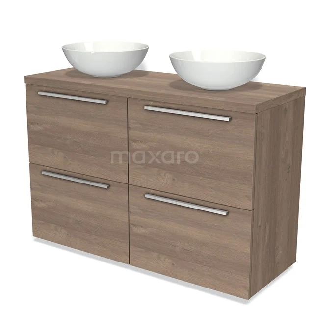 Modulo Plato Vanity units for countertop basin | 120 cm Mid brown oak Flat front Mid brown oak worktop 4 high drawers BMK14-00346