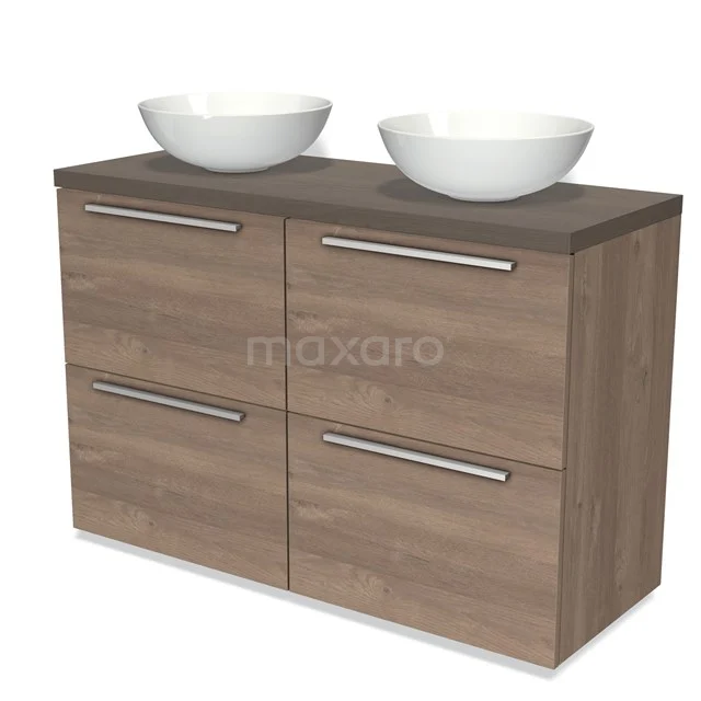Modulo Plato Vanity units for countertop basin | 120 cm Mid brown oak Flat front Dark brown oak worktop 4 high drawers BMK14-00347