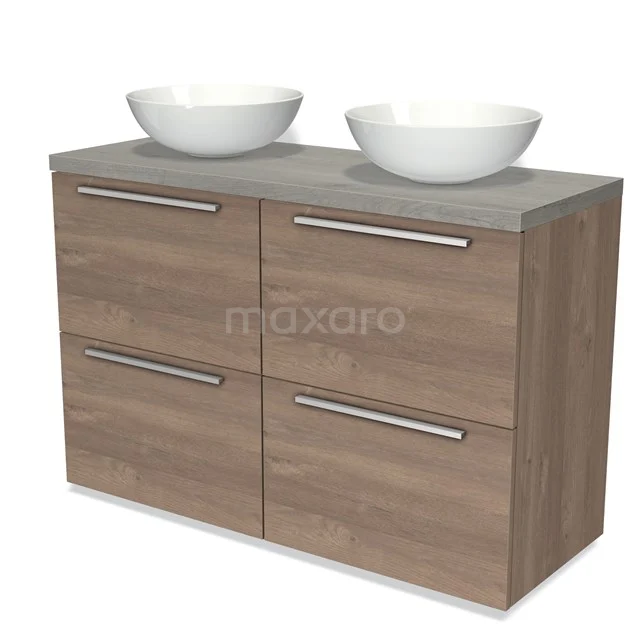 Hölzernes Badezimmermöbel mit Betonlook Platte, doppelten weißen Aufsatzwaschbecken und metallischen Griffen. Perfekt für moderne Bäder.