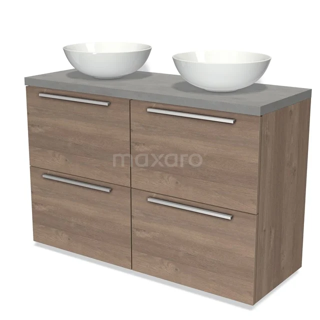 Modulo Plato Vanity units for countertop basin | 120 cm Mid brown oak Flat front Light grey concrete worktop 4 high drawers BMK14-00349