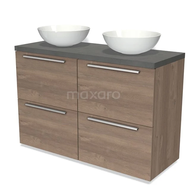 Modulo Plato Vanity units for countertop basin | 120 cm Mid brown oak Flat front Dark grey concrete worktop 4 high drawers BMK14-00350