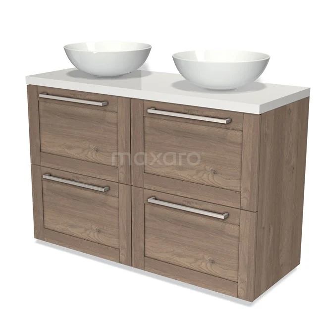Modulo Plato Vanity units for countertop basin | 120 cm Mid brown oak Frame front High-gloss white worktop 4 high drawers BMK14-00353 Wooden vanity unit with double white countertop wash basins, four drawers and modern design; perfect for a stylish bathroom.