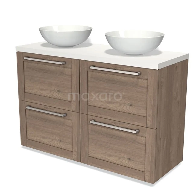 Wooden bathroom unit with double countertop wash basins, four drawers and modern handles, perfect for a stylish bathroom upgrade.