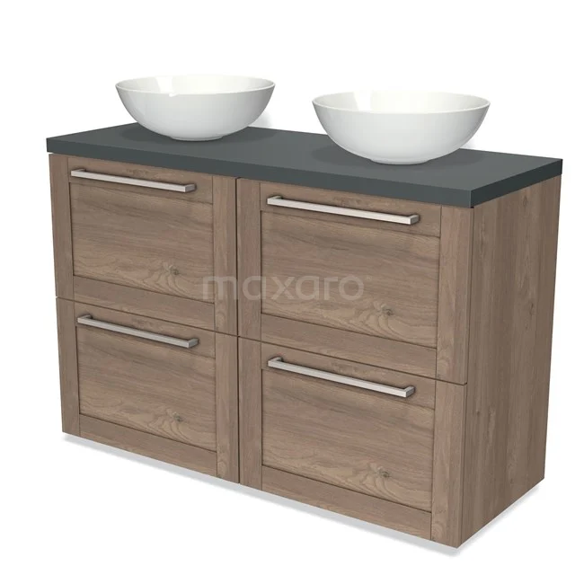 Wooden bathroom unit with double ceramic countertop wash basins, four drawers and grey top; ideal for modern bathroom design.