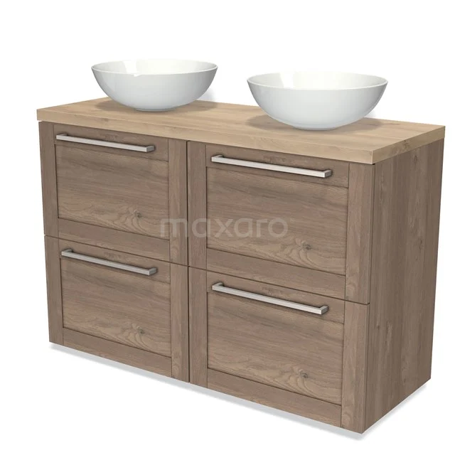 Hölzernes Badezimmermöbel mit doppelten Aufsatzwaschbecken, Ladefronten und metallischen Griffen, modernes und stilvolles Design.