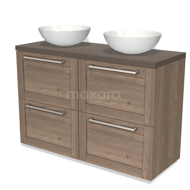 Wooden bathroom unit with double basins in white, four drawers and a dark brown worktop from the modern Oak series.