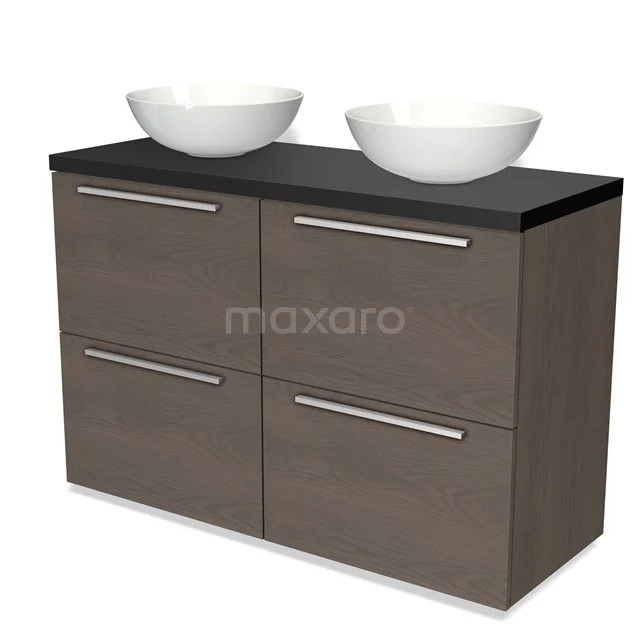 Modulo Plato Vanity units for countertop basin | 120 cm Dark brown oak Flat front Matte black worktop 4 high drawers BMK14-00365