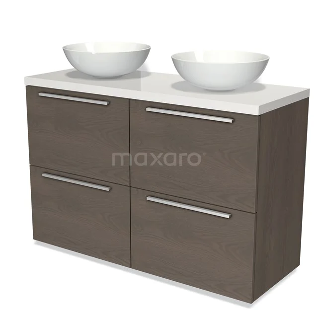 Badmöbel für Waschtischunterschrank mit Konsole 120cm Modulo Plato dunkelbraune Eiche 4 hohe Schubladen Flach Hochglanz Weiß Platte BMK14-00367 Badezimmermöbel aus Holzdesign mit Doppelwaschbecken, weißen Keramikkommen und Schubladen, modern und stilvoll für jedes Badezimmer.