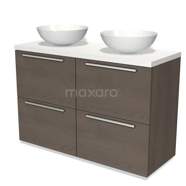 Modulo Plato Vanity units for countertop basin | 120 cm Dark brown oak Flat front Matte white worktop 4 high drawers BMK14-00368