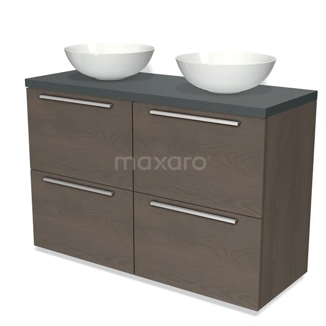 Badezimmermöbel Holzoptik mit anthrazitfarbenem Platte, doppelte Design Aufsatzwaschbecken, vier Schubladen, modern und praktisch für jedes Badezimmer.