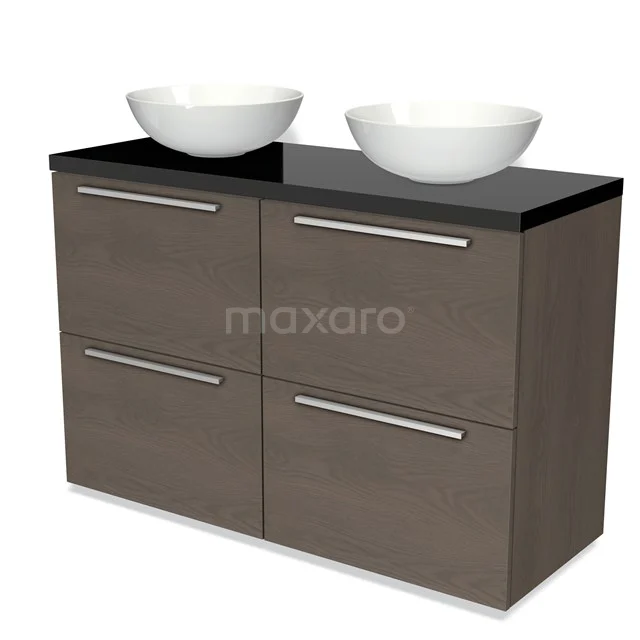 Modulo Plato Vanity units for countertop basin | 120 cm Dark brown oak Flat front High-gloss black worktop 4 high drawers BMK14-00370