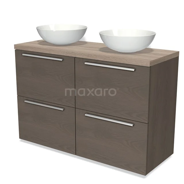 Modulo Plato Vanity units for countertop basin | 120 cm Dark brown oak Flat front Oak worktop 4 high drawers BMK14-00371