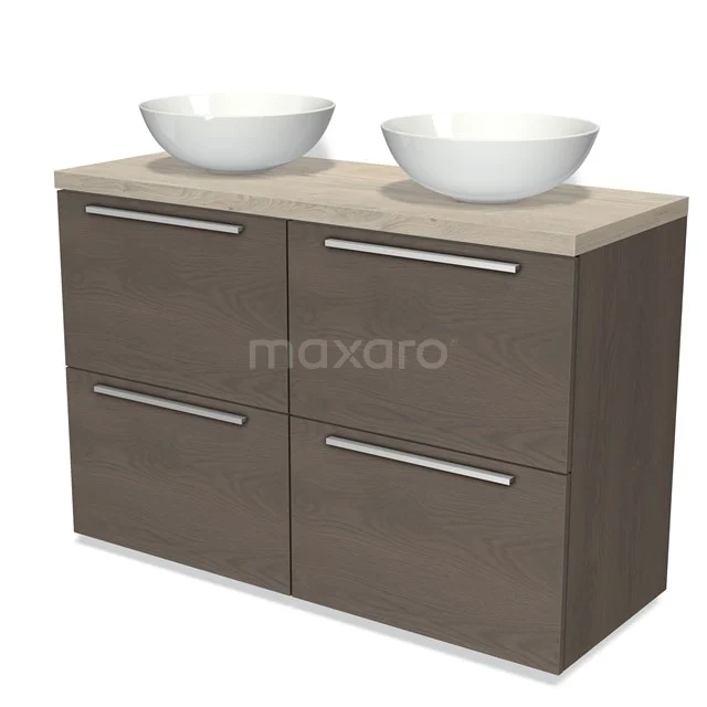 Modulo Plato Vanity units for countertop basin | 120 cm Dark brown oak Flat front Light grey oak worktop 4 high drawers BMK14-00372