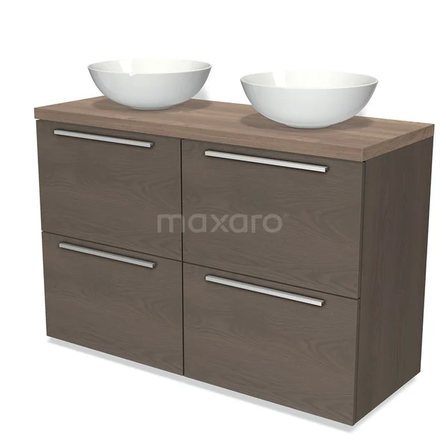 Modulo Plato Badkamermeubel voor waskom | 120 cm Donkerbruin eiken Vlak front Middenbruin eiken blad 4 hoge lades BMK14-00374