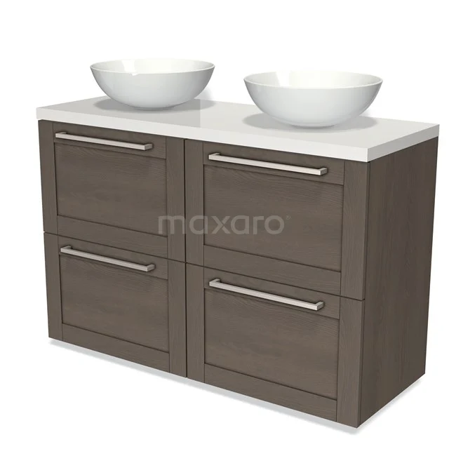 Modulo Plato Vanity units for countertop basin | 120 cm Dark brown oak Frame front High-gloss white worktop 4 high drawers BMK14-00381 Wooden bathroom unit with four drawers, two white round drawers and metal handles, perfect for a modern bathroom.