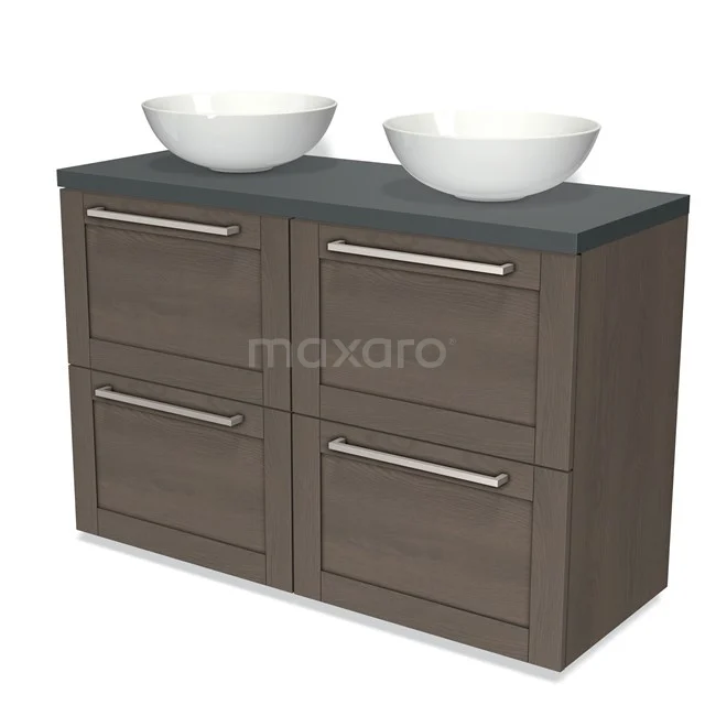 Wooden bathroom unit with 4 drawers, dark grey worktop and 2 white countertop wash basins, ideal for modern bathroom design.