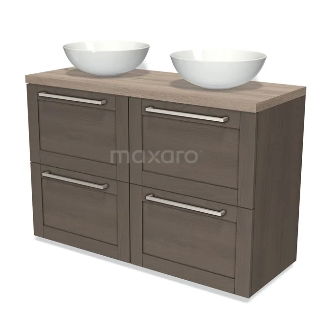Wood-look double vanity unit with 4 drawers, white ceramic countertop wash basins and sleek design for modern bathrooms.