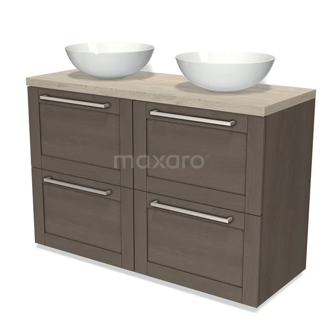 Wooden bathroom unit with two white vanity units for countertop wash basins and four drawers, modern design, ideal for stylish bathroom design.