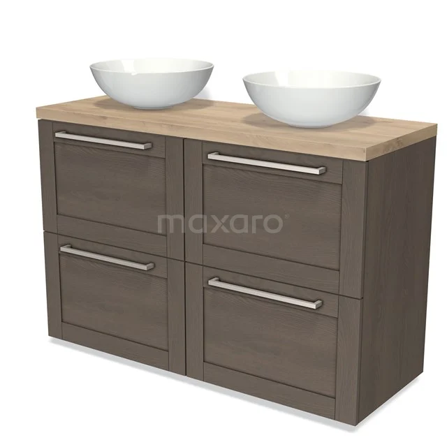 Bathroom unit with vanity units with basin worktop, wood look, four drawers and white sinks; stylish and practical design.