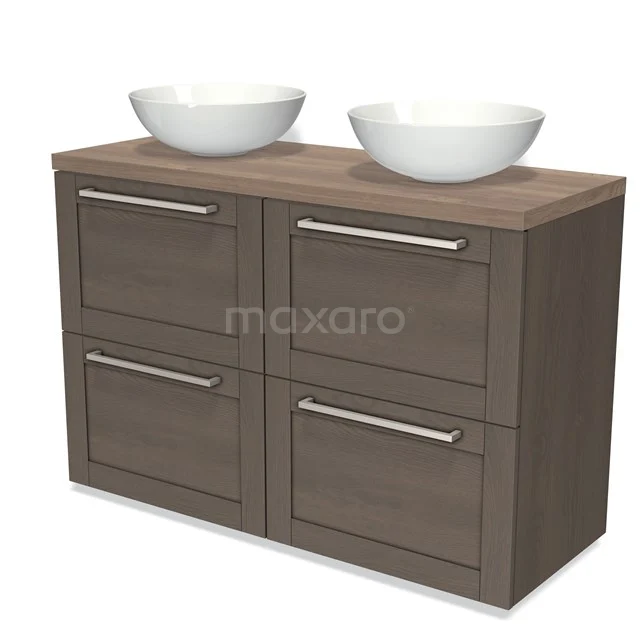 Wooden bathroom unit with vanity units with basin, dark brown oak design, four drawers and modern chrome handles.