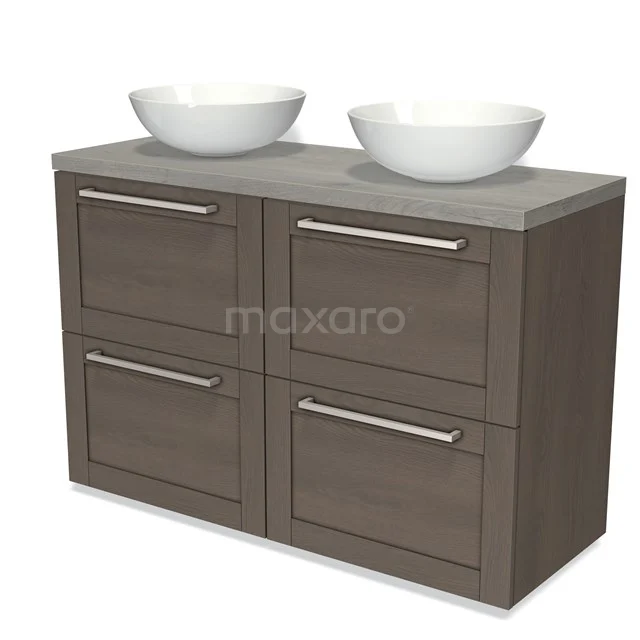 Modulo Plato Badkamermeubel voor waskom | 120 cm Donkerbruin eiken Kader front Grijs eiken blad 4 hoge lades BMK14-00390