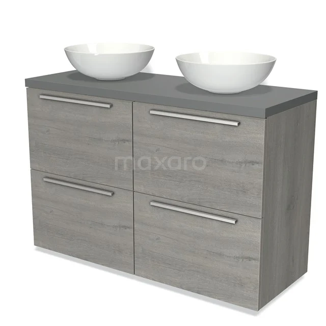 Grau Holz Badmöbel mit doppelten Aufsatzwaschbecken, modernes Design und chromatischen Haltegriffen, ideal für ein stilvolles Badezimmer.